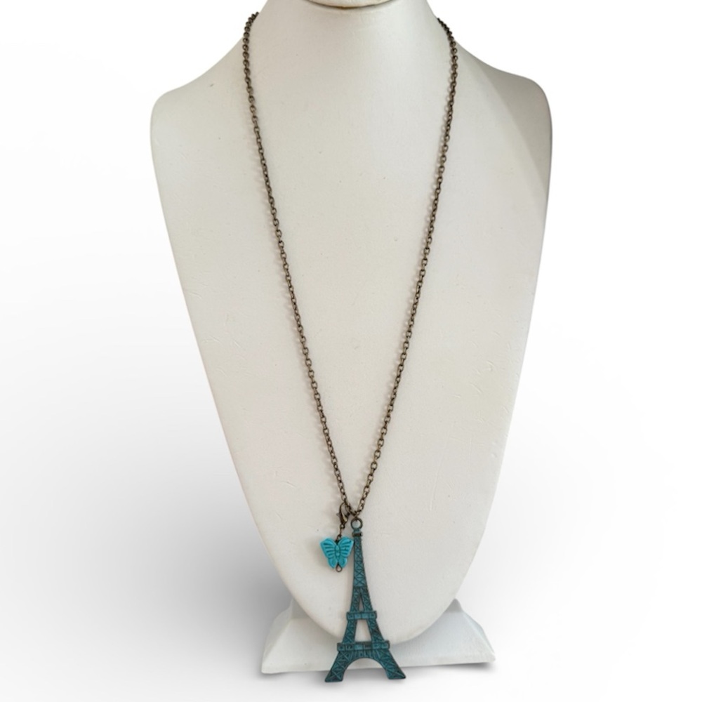 Bronze Patina Eiffel Tower Carved Turquoise Butterfly Pendant Necklace - Picture 2 of 9